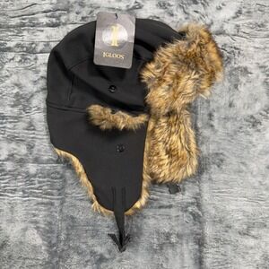 Igloos Trapper Hat Black M L Faux Fur Lined Winter Ushanka Ear Flap